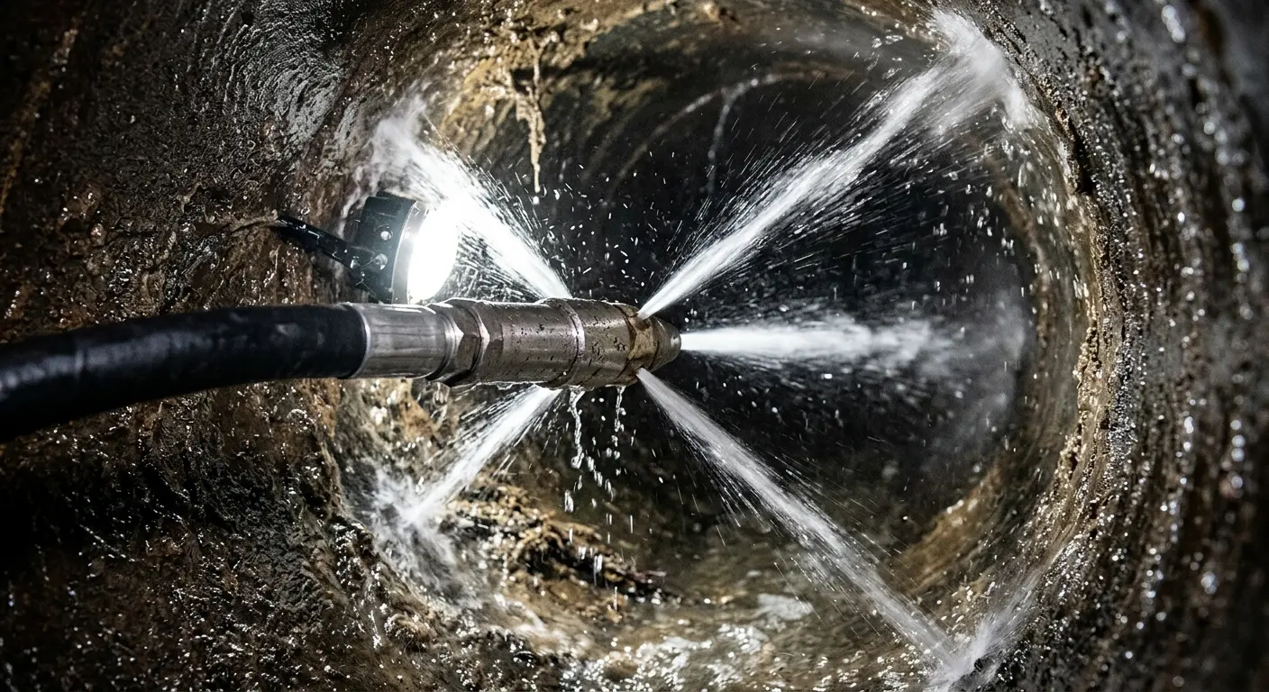 High-pressure hydro jetting nozzle cleaning sewer pipe for Trenchless Sewer Repair in Leicester