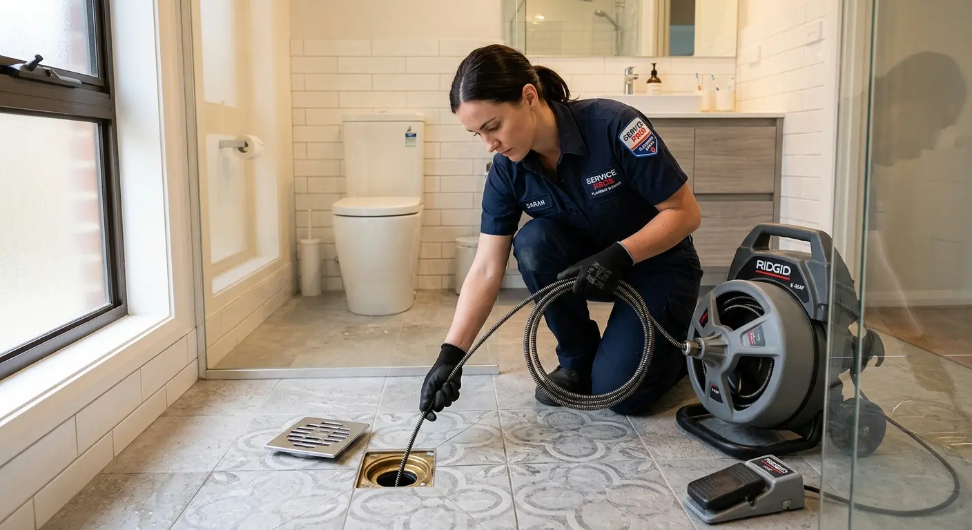 Technician clearing a bathroom floor drain for Clogged Drain Repair in Leicester